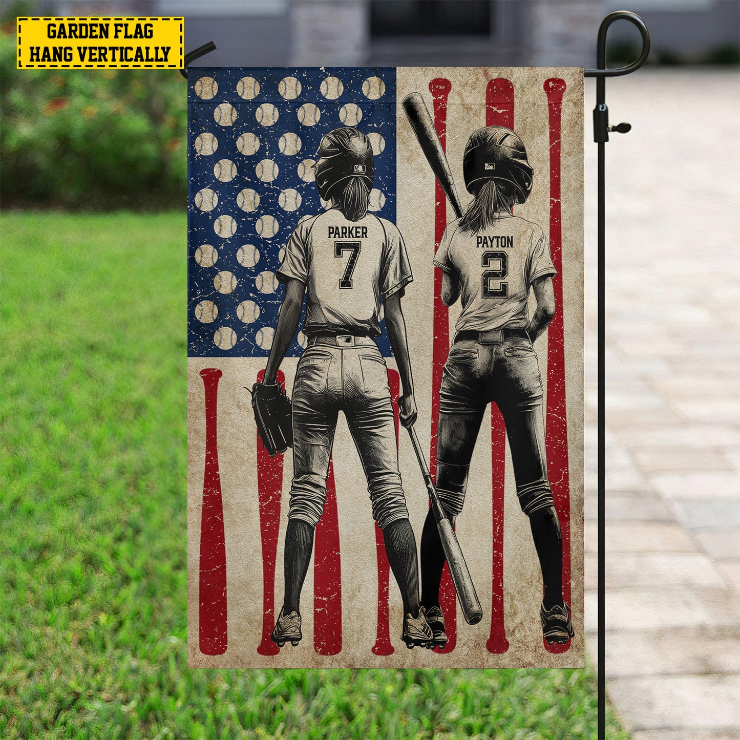 Personalized July 4th Softball Girl American Garden Flag & House Flag, Independence Day Patriotic Softball USA Yard Flag Gift For Softball Lovers