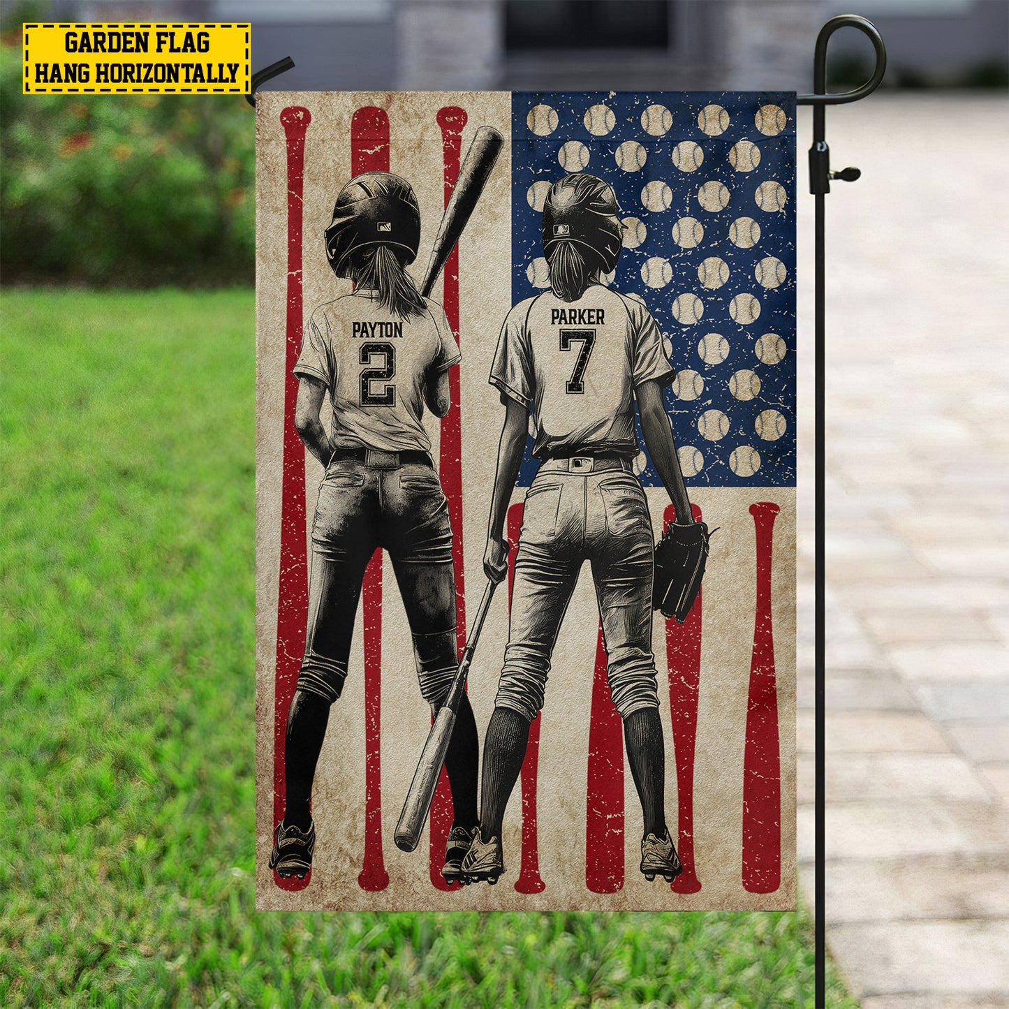 Personalized July 4th Softball Girl American Garden Flag & House Flag, Independence Day Patriotic Softball USA Yard Flag Gift For Softball Lovers
