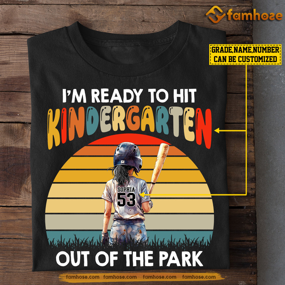 Funny Personalized Back To School Softball Girl Kid T-shirt, I'm Ready To Hit Kindergarten Out Of The Park Sport Tees Gift For Softball Lovers