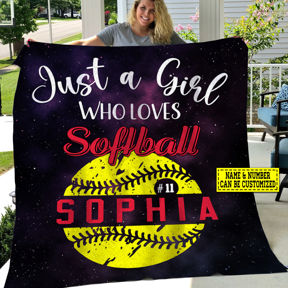 Personalized Softball Blanket, Just A Girl Who Loves Softball Fleece Blanket - Sherpa Blanket Gift For Softball Lovers, Softball Players, Softball Girls
