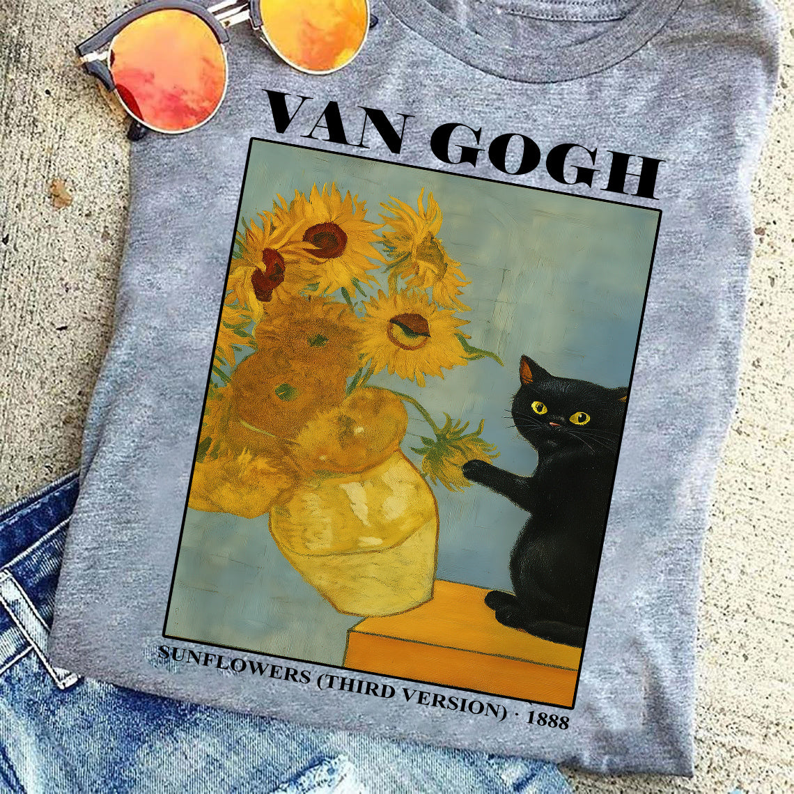 Funny Cat T-shirt, Van Gogh Sunflowers Tees Gift For Cat Lovers, Art Lovers