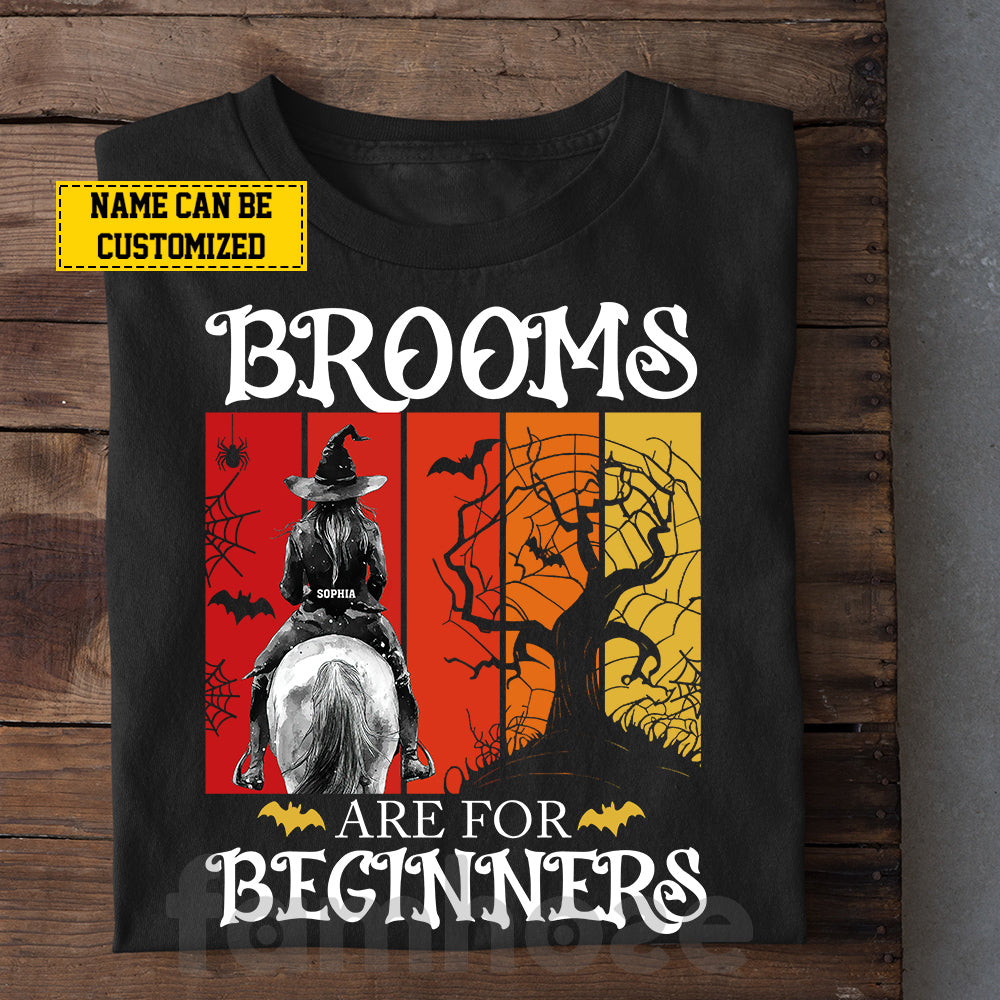 Funny Personalized Horse Riding Witch T-shirt, Brooms Are For Beginners Tees Spooky Season Gift For Horse Girl