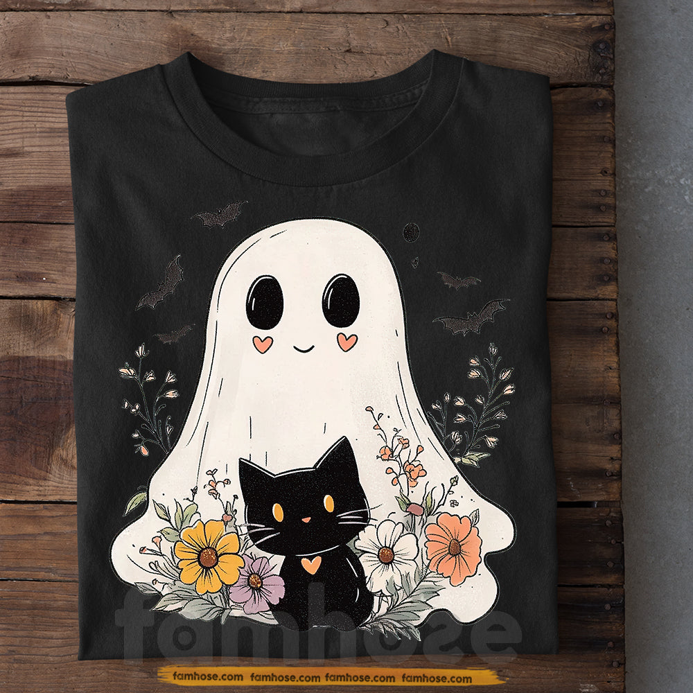 Halloween Cat Boo T-shirt, Cute Ghost And Black Cat Tees Spooky Season Gift For Cat Lovers