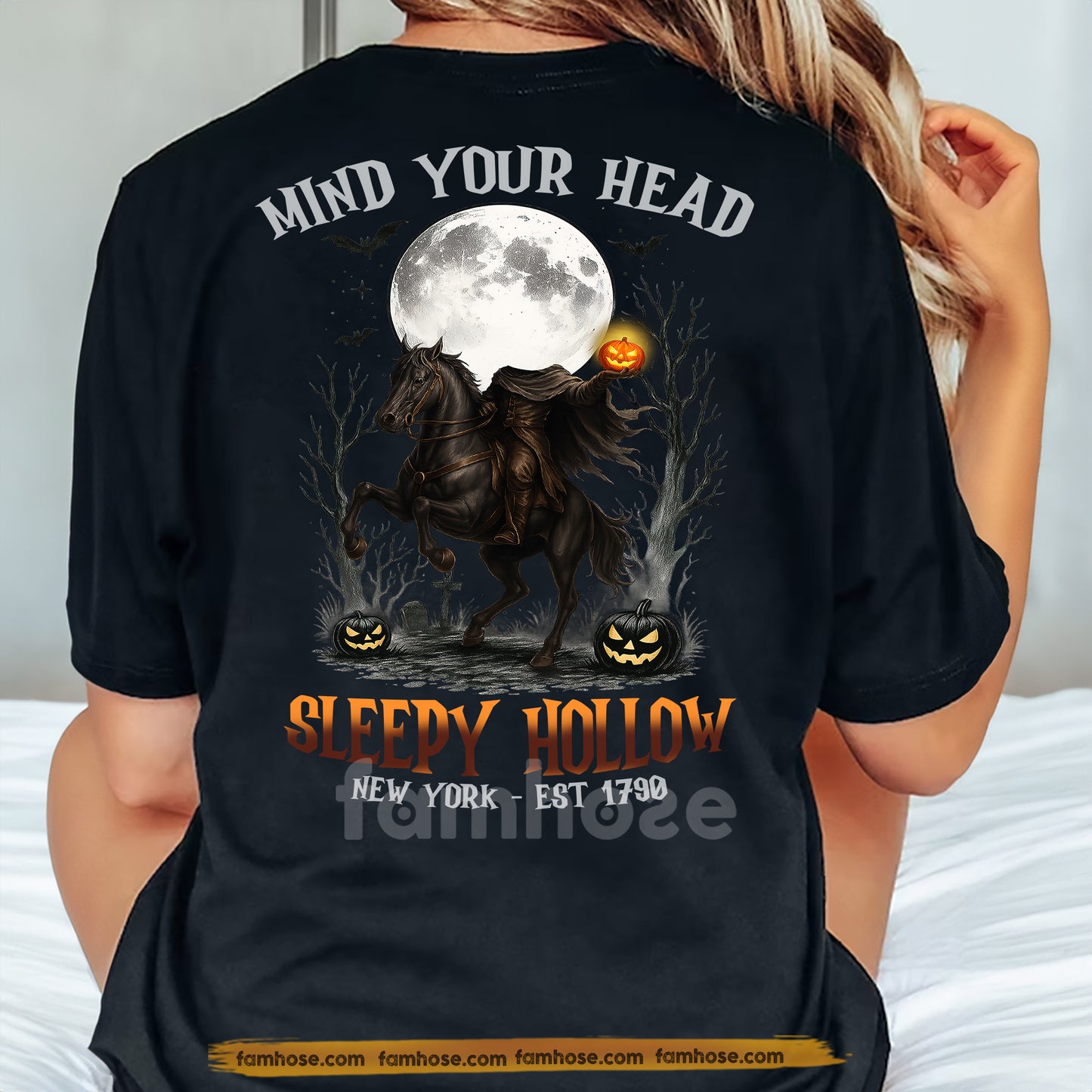 Halloween Sleep Hollow Backside T-shirt, Mind Your Head Tees Spooky Season Gift For Horse Lovers