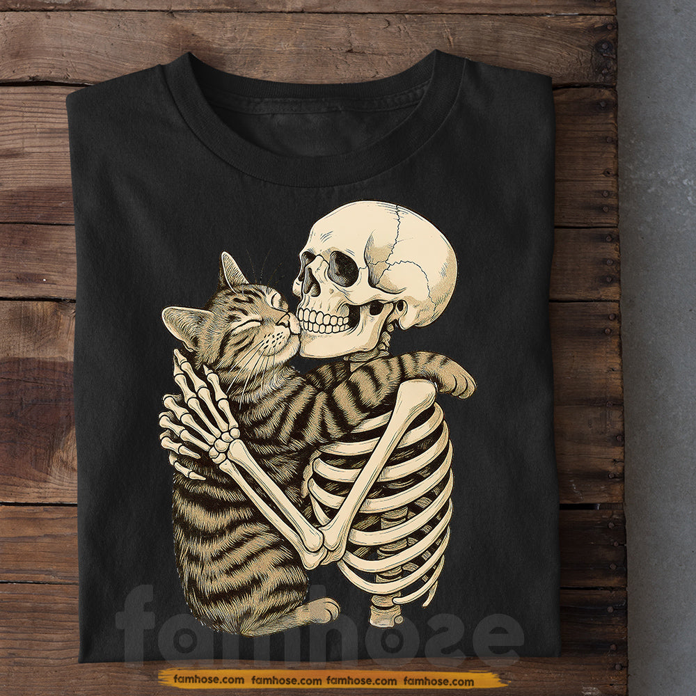 Cute Halloween Skeleton Cat T-shirt, Skeleton Love Cat Tees Spooky Season Gift For Cat Lovers
