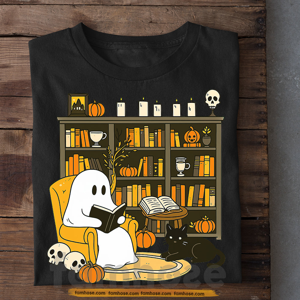 Halloween Cat Boo T-shirt, Cute Ghost Reading Book Tees Spooky Season Gift For Cat Lovers, Book Lovers