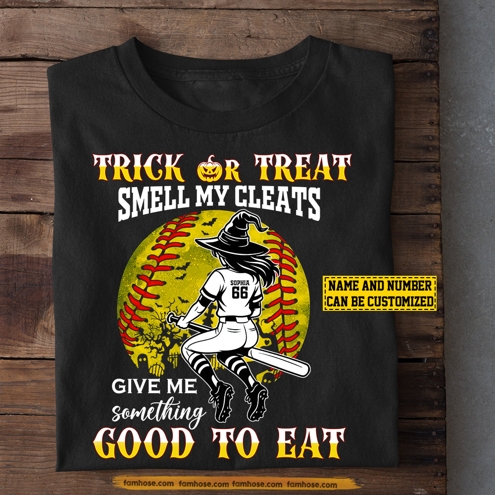 Funny Personalized Softball Witch T-shirt, Trick Or Treat Tees Spooky Season Gift For Softball Lovers