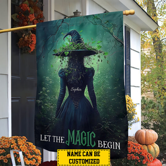 Personalized Halloween Witch Garden Flag House Flag, Let The Magic Begin Yard Flag Spooky Season Gift For Witch Lovers