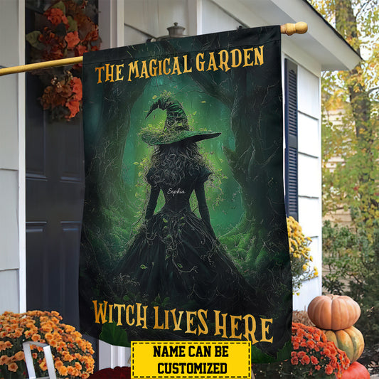 Personalized Halloween Witch Garden Flag House Flag, The Magical Garden Yard Flag Spooky Season Gift For Witch Lovers
