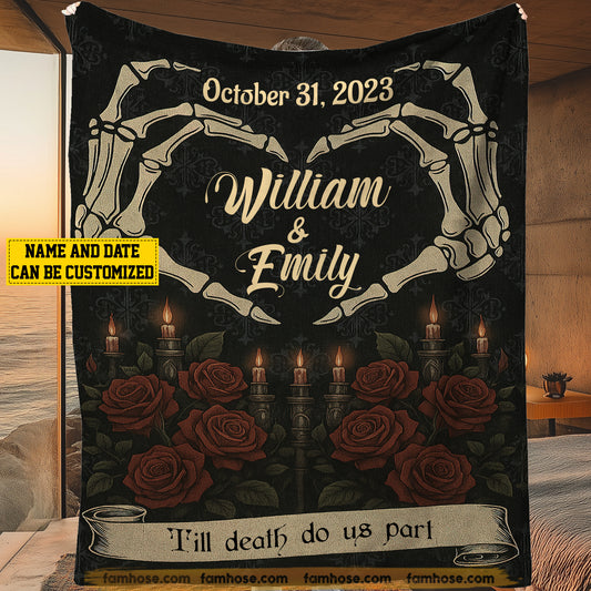 Personalized Halloween Couple Fleece Blanket, Till Death Do Us Part Woven Blanket, Sherpa Blanket Spooky Season Gift For Couple