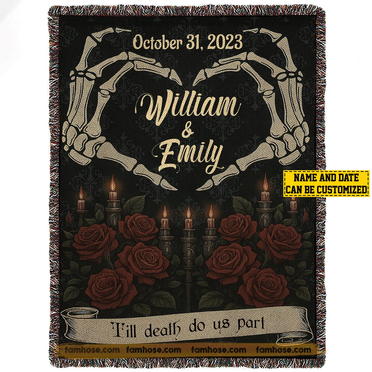 Personalized Halloween Couple Fleece Blanket, Till Death Do Us Part Woven Blanket, Sherpa Blanket Spooky Season Gift For Couple