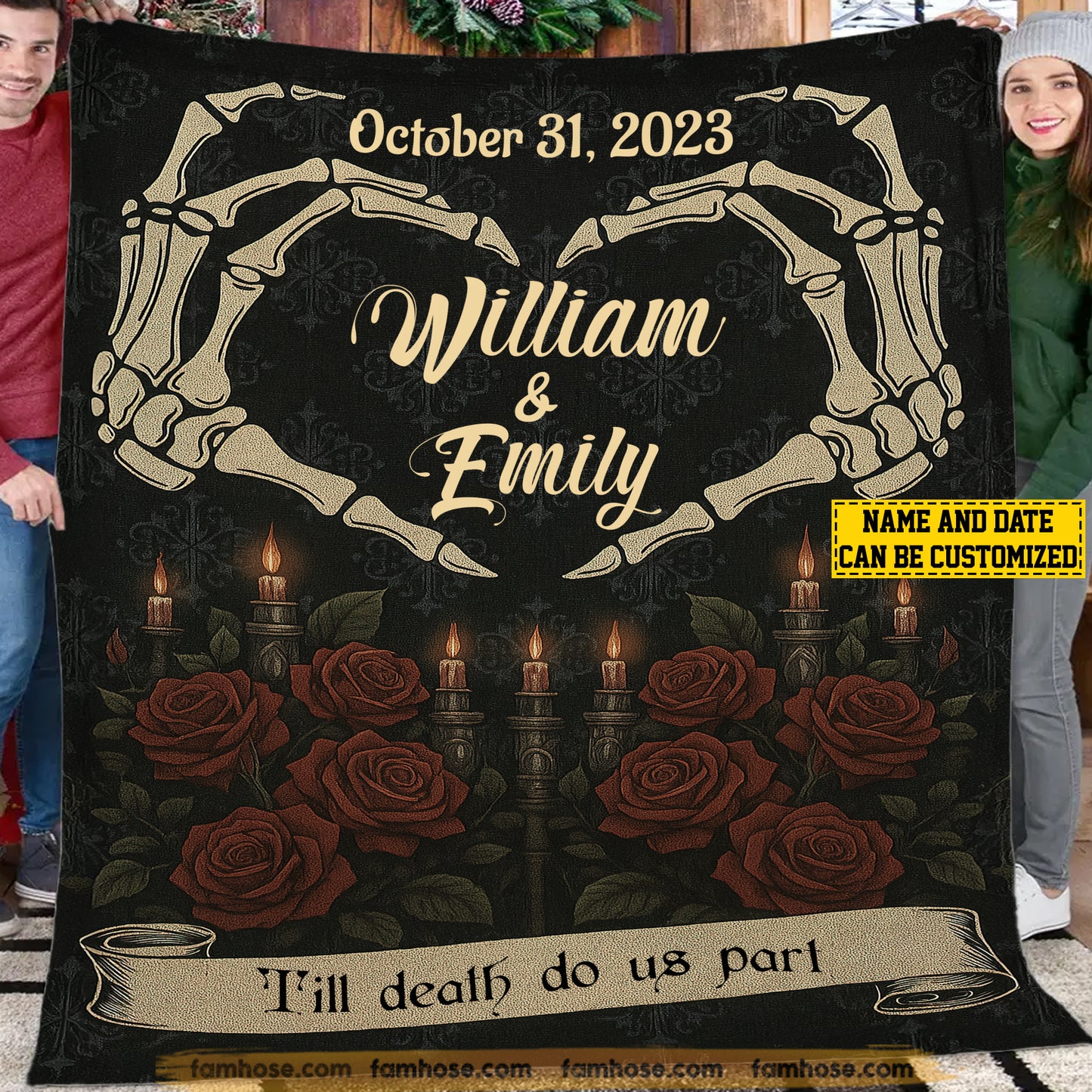 Personalized Halloween Couple Fleece Blanket, Till Death Do Us Part Woven Blanket, Sherpa Blanket Spooky Season Gift For Couple