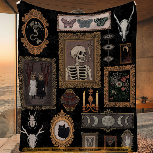 Gothic Halloween Fleece Blanket, Dark Academia Woven Blanket, Sherpa Blanket Spooky Season Gift For Skeleton Lovers