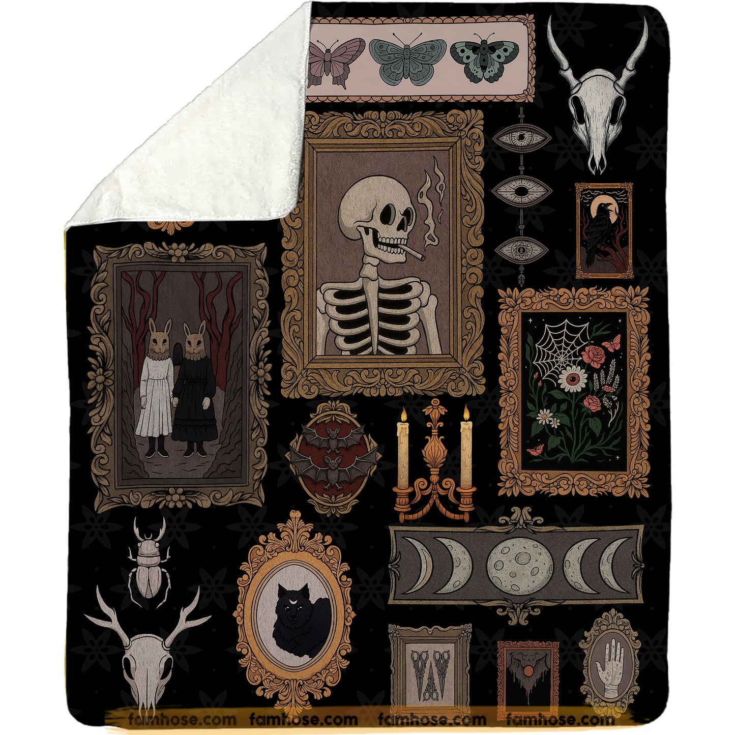 Gothic Halloween Fleece Blanket, Dark Academia Woven Blanket, Sherpa Blanket Spooky Season Gift For Skeleton Lovers