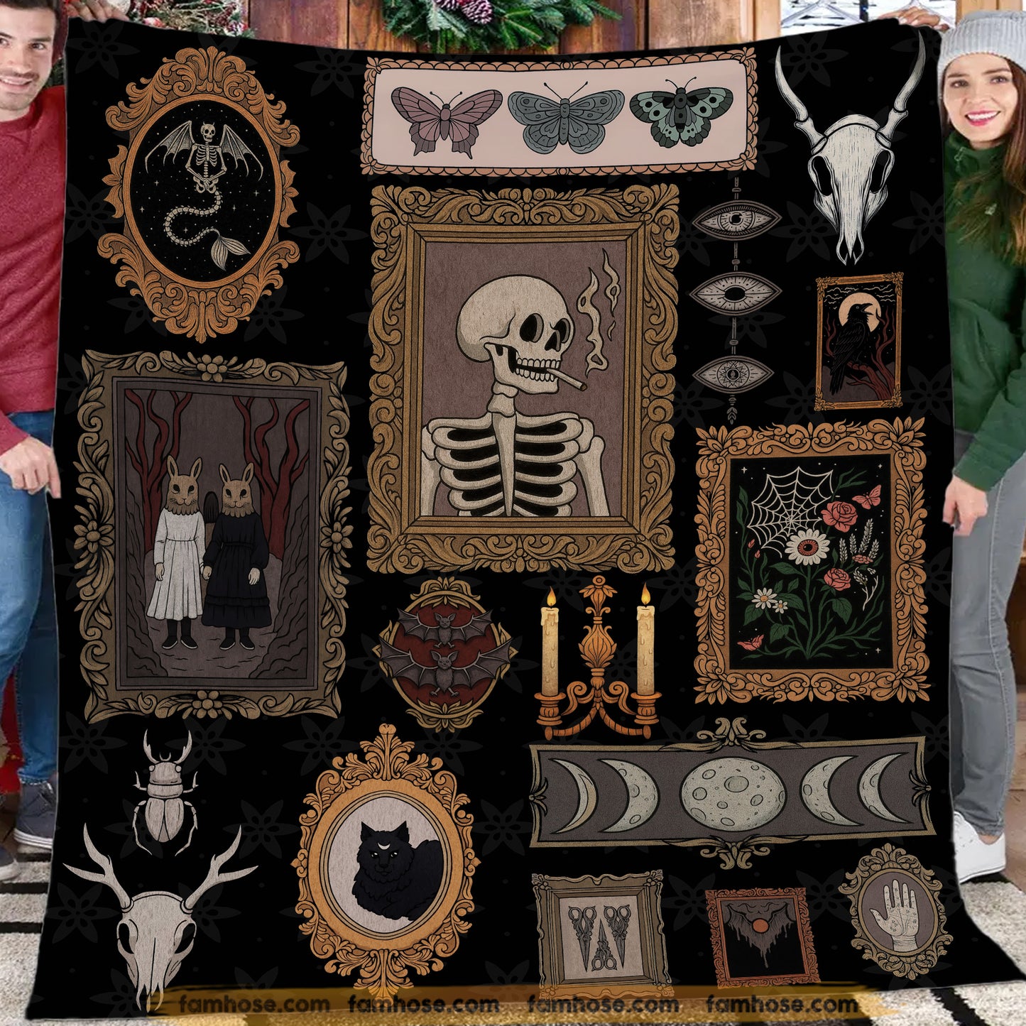 Gothic Halloween Fleece Blanket, Dark Academia Woven Blanket, Sherpa Blanket Spooky Season Gift For Skeleton Lovers