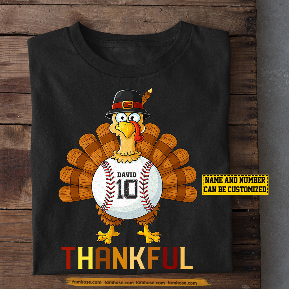 Personalized Thanksgiving Baseball T-shirt, Thankful Turkey Tees Gift For Baseball Lovers