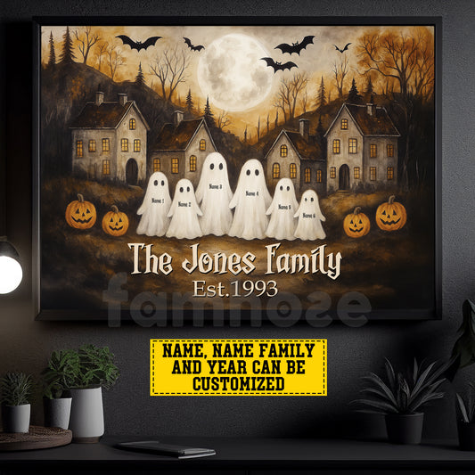 Personalized Halloween Family Ghost Canvas Painting, Haunted House Ghost Family Wall Art Decor, Spooky Season Poster Gift For Ghost Lovers