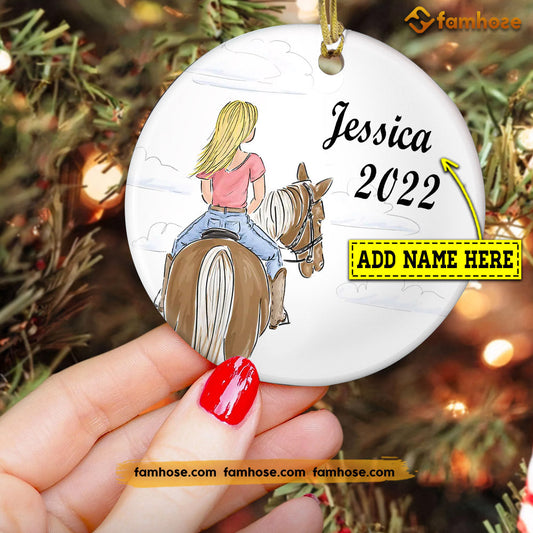 Christmas Horse Ornament, Horse Girl With Her Horse Gift For Horse Lovers, Personalized Custom Circle Ceramic Ornament