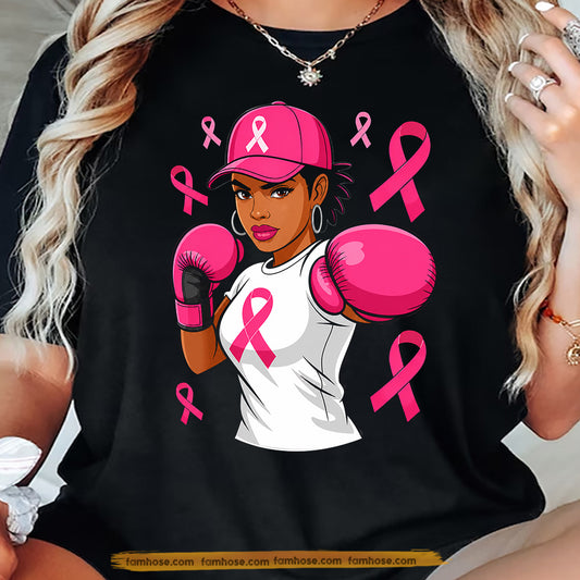 Afro Boxing Black Girl Breast Cancer Awareness T-shirt, Fight Like A Girl Pink Ribbon Tees Gift