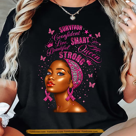 Afro Black Girl Breast Cancer Awareness T-shirt, Fight Like A Queen Pink Ribbon Tees Gift