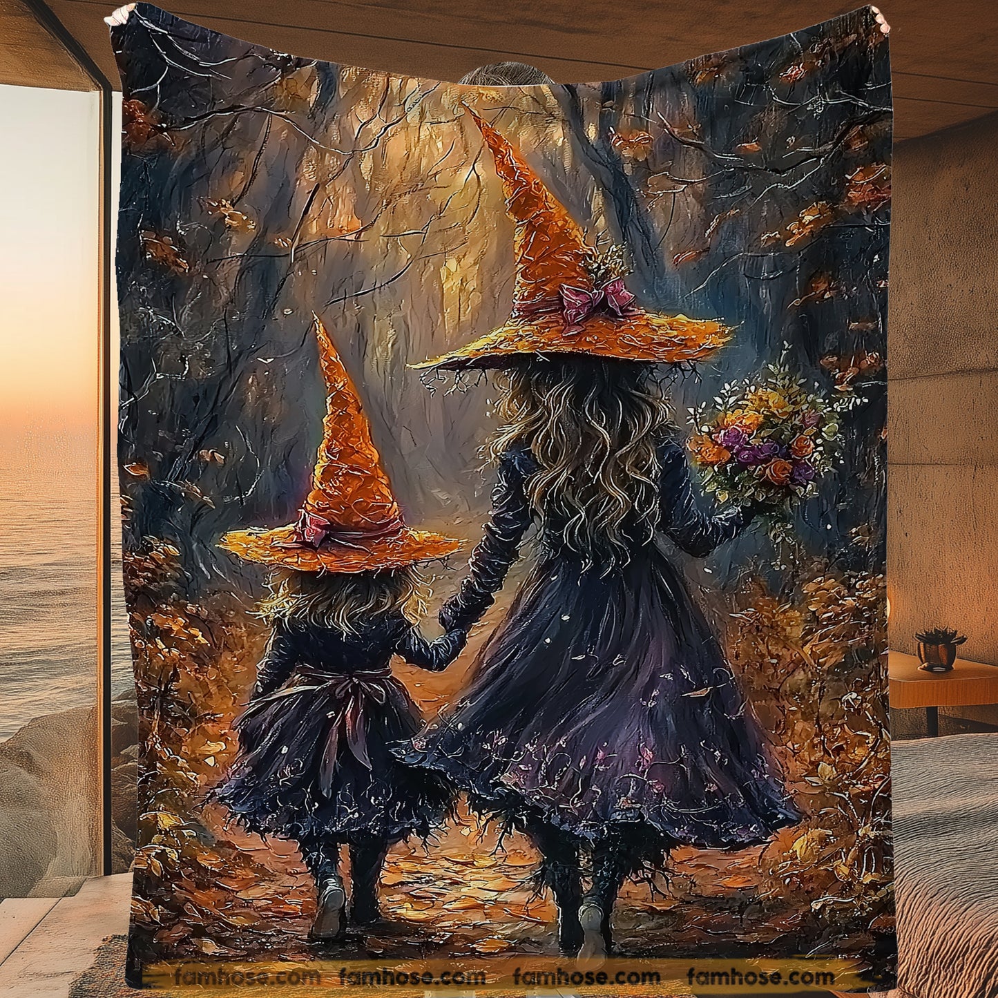 Halloween Witches Fleece Blanket, Witch’s Bond Woven Blanket, Sherpa Blanket Spooky Season Gift For Witch Lovers