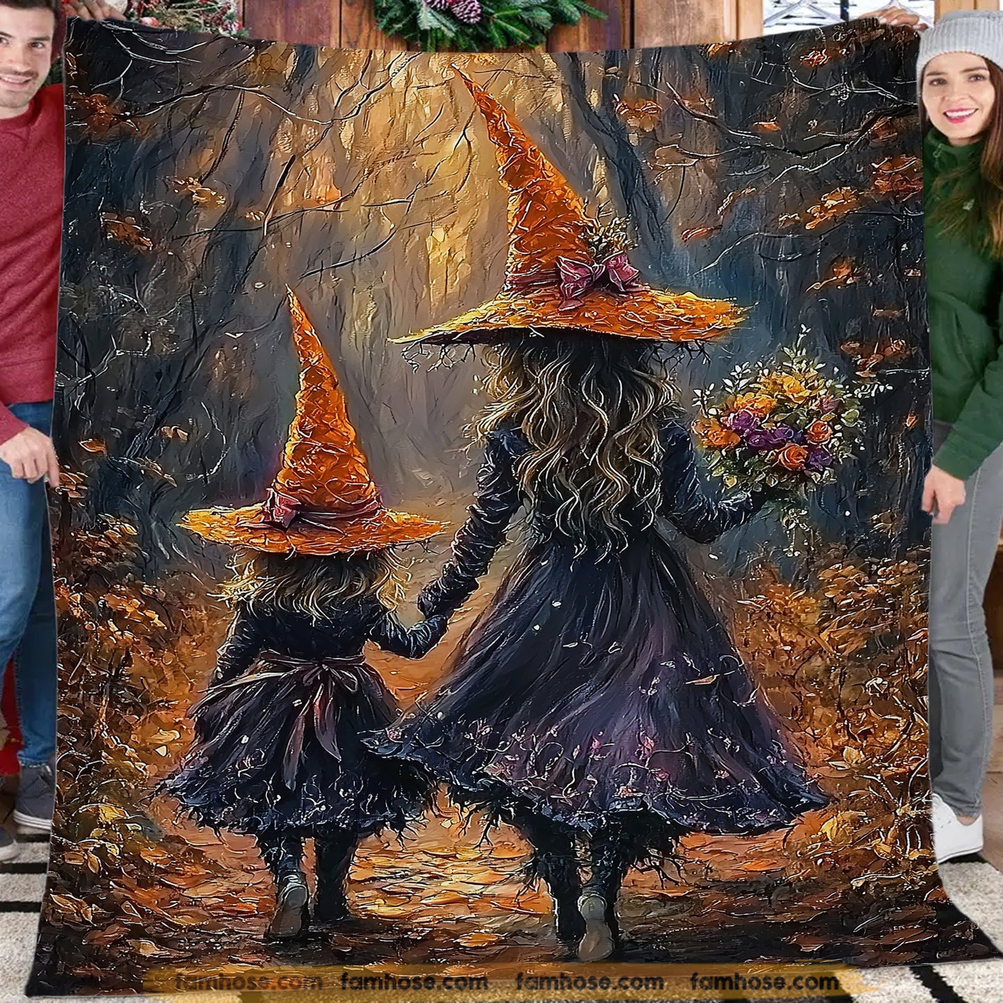 Halloween Witches Fleece Blanket, Witch’s Bond Woven Blanket, Sherpa Blanket Spooky Season Gift For Witch Lovers