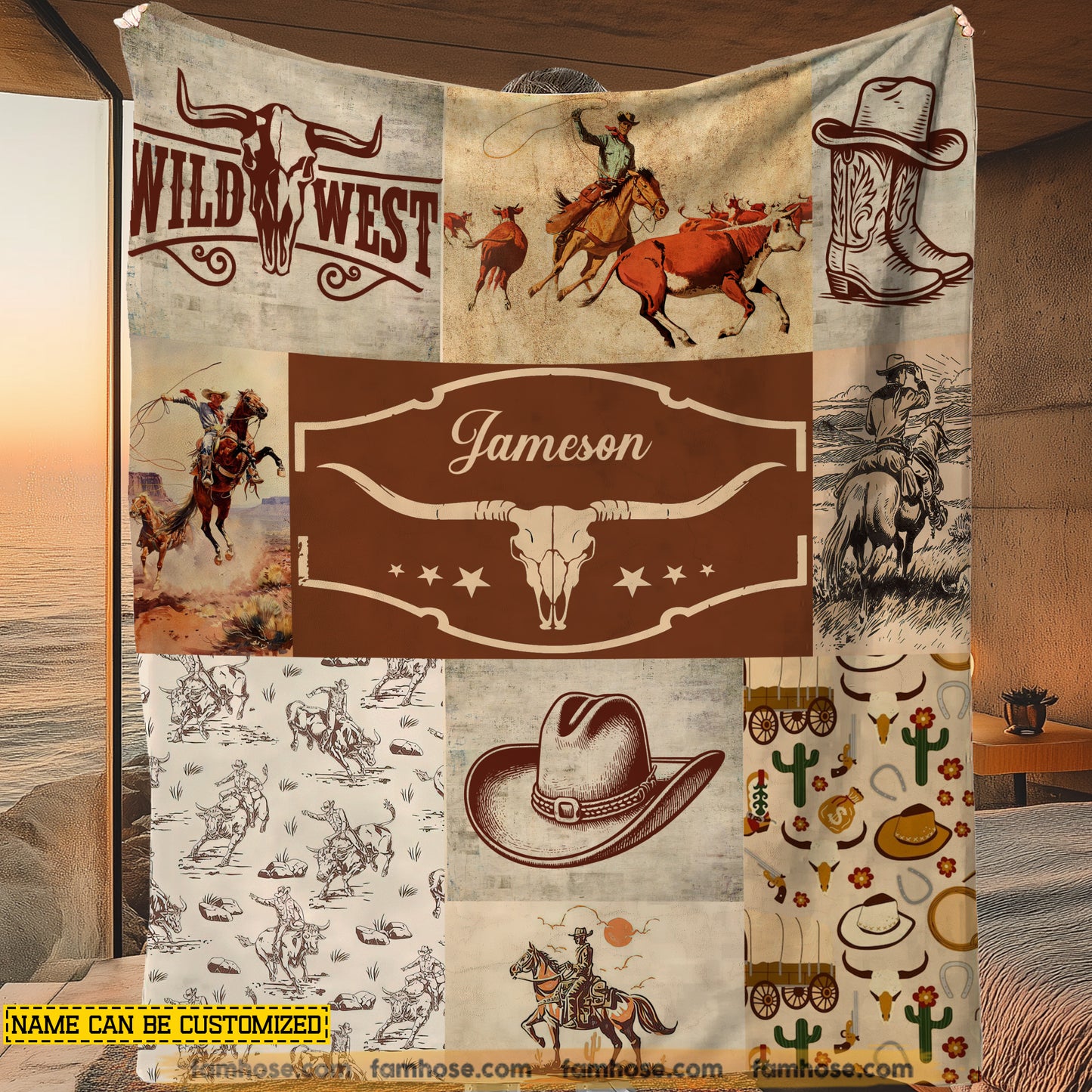 Personalized Cowboy Fleece Blanket, The Western Style Woven Blanket, Cool Sherpa Blanket Gift For Cowboys