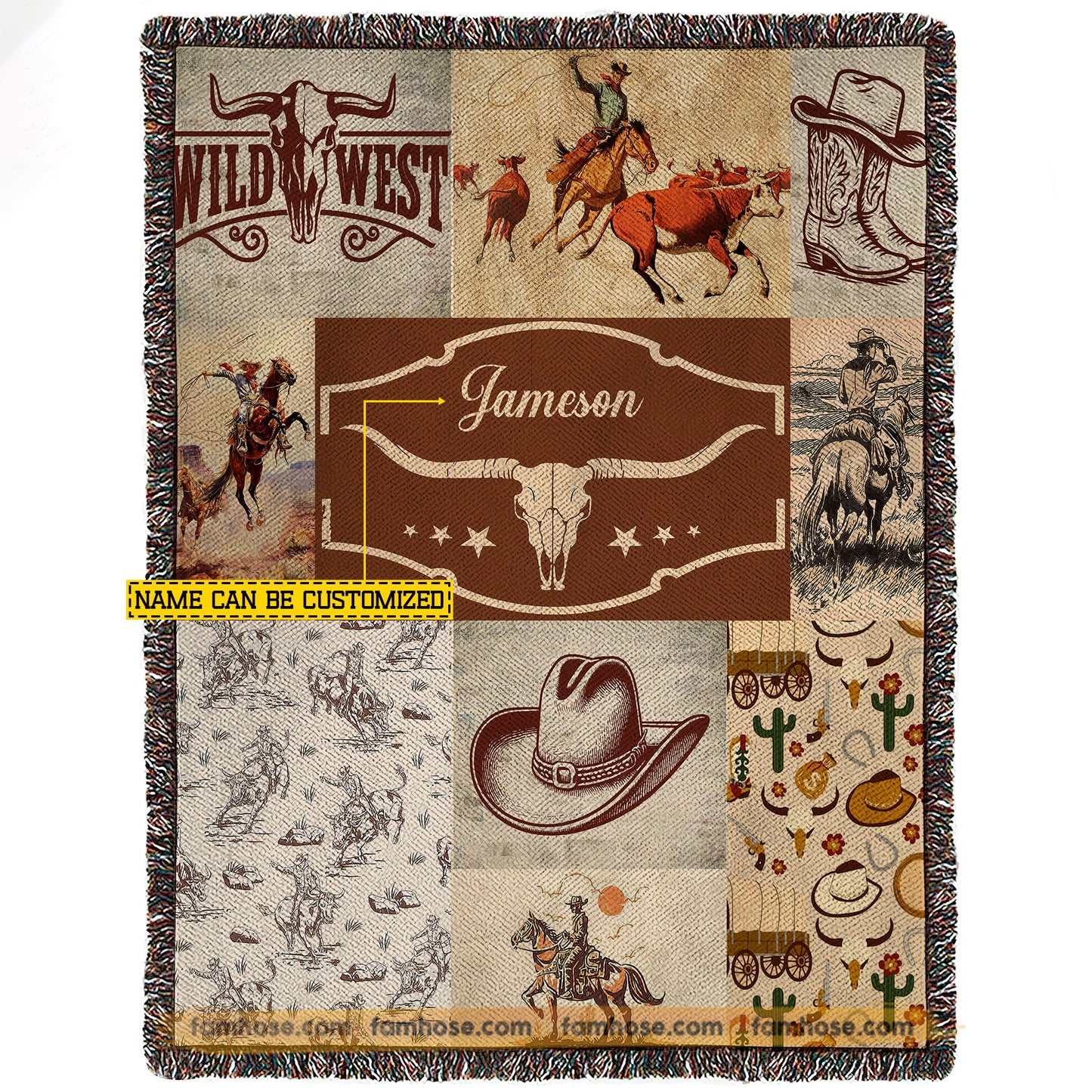Personalized Cowboy Fleece Blanket, The Western Style Woven Blanket, Cool Sherpa Blanket Gift For Cowboys
