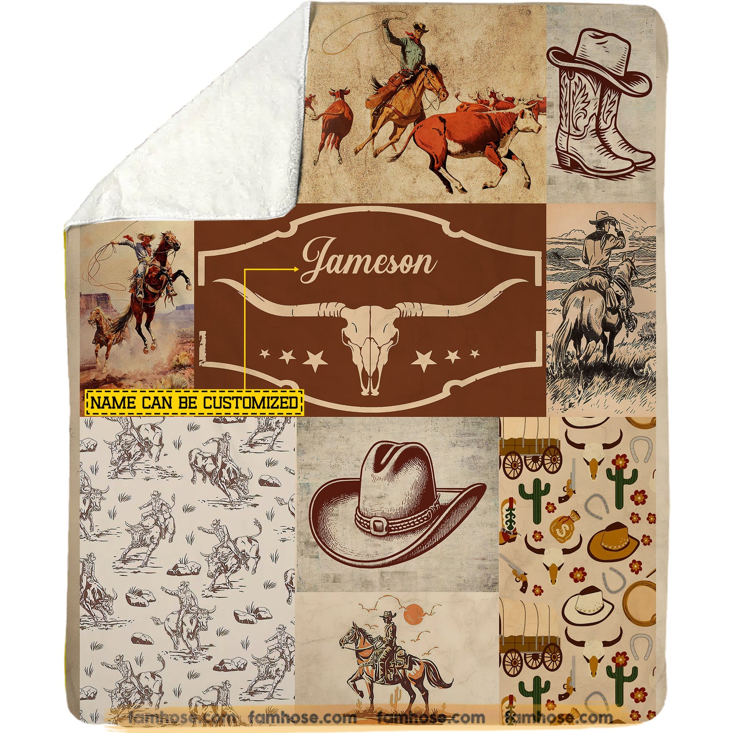 Personalized Cowboy Fleece Blanket, The Western Style Woven Blanket, Cool Sherpa Blanket Gift For Cowboys
