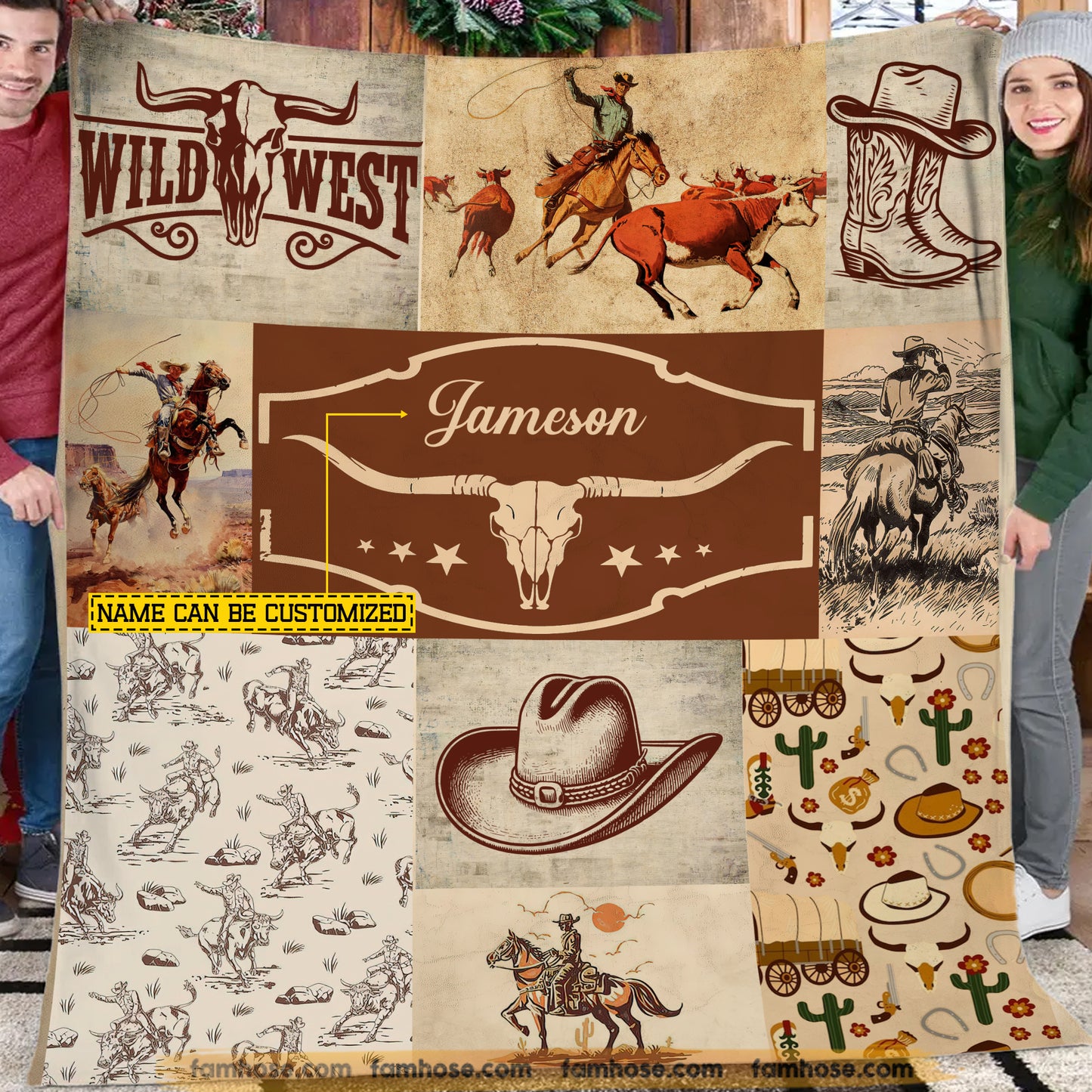 Personalized Cowboy Fleece Blanket, The Western Style Woven Blanket, Cool Sherpa Blanket Gift For Cowboys