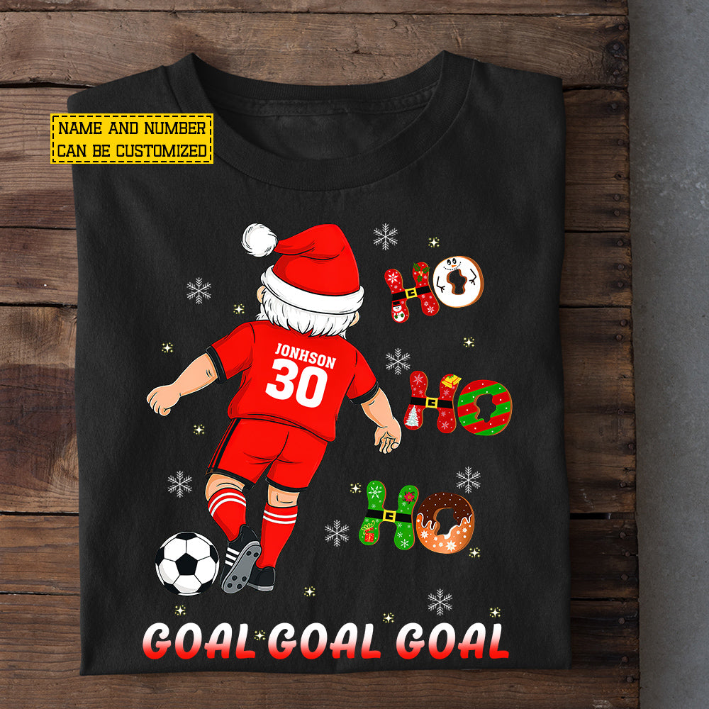 Funny Personalized Santa Playing Soccer Christmas T-Shirt, Ho Ho Goal Goal, Sports Tee Xmas Gift For Soccer Lovers