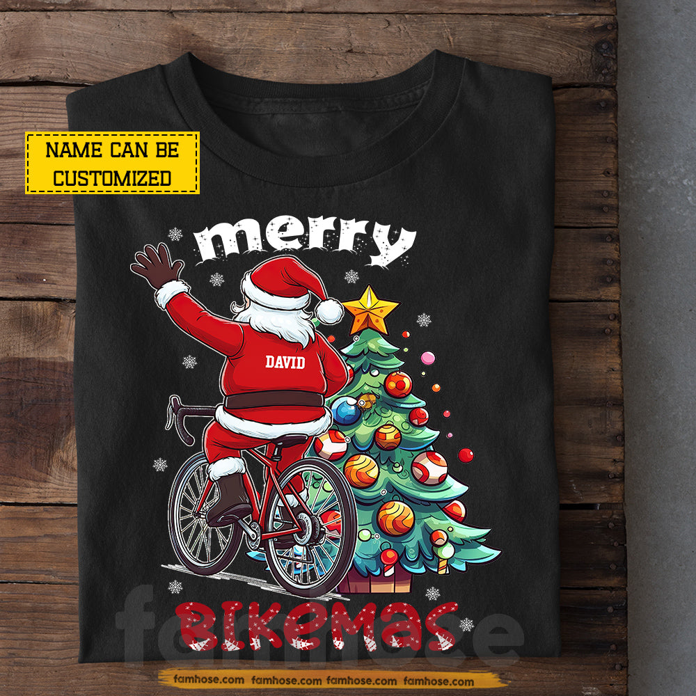 Funny Personalized Santa Riding Bike Christmas T-Shirt, Merry Bikemas, Sports Tee Xmas Gift For Cycling Lovers