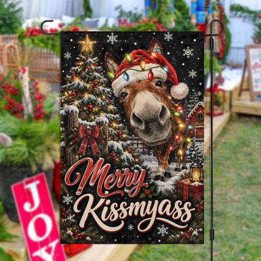 Funny Christmas Donkey Garden & House Flag, Merry Kiss My Ass Yard Flag, Vintage Xmas Gift For Donkey Lover