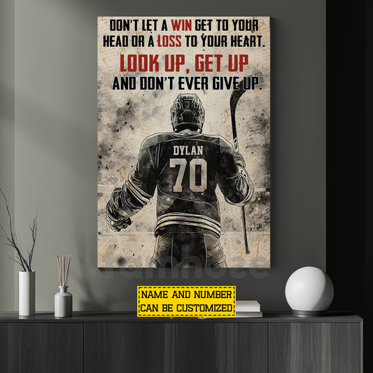 Motivational Personalized Hockey Man Canvas Painting, Look Up Get Up Sport Wall Art Decor, Poster Gift For Hockey Lover