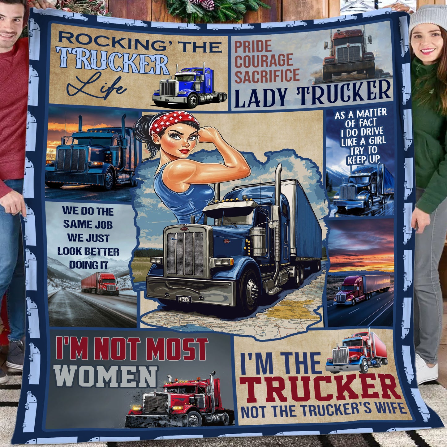Trucker Girl Fleece Blanket, Rocking's The Trucker Life Woven Blanket, Cool Sherpa Blanket Gift For Truck Drivers