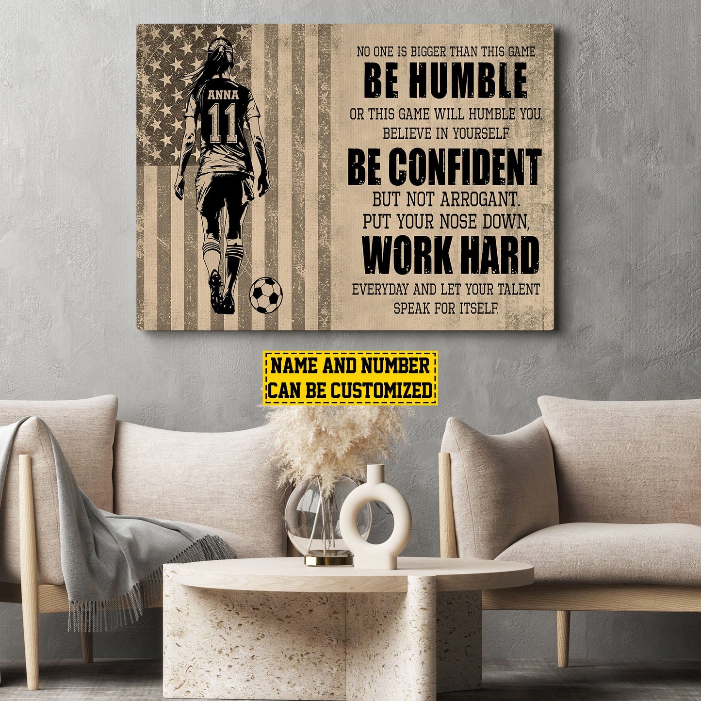 Personalized Motivational Soccer Girl Canvas Painting, Be Humble Be Confident Work Hard, Inspirational Quotes Wall Art Decor, Poster Gift For Soccer Girl Lovers