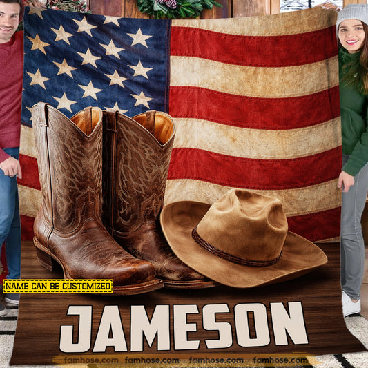 Personalized Cowboy Fleece Blanket, Cowboy Boots Hat USA Flag Woven Blanket, Sherpa Blanket Gift For Cowboy