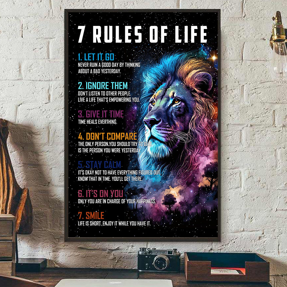7 Rules Of Life, Motivational Lion Canvas Painting, Inspirational Quotes Wall Art Decor, Poster Gift For Lion Lovers