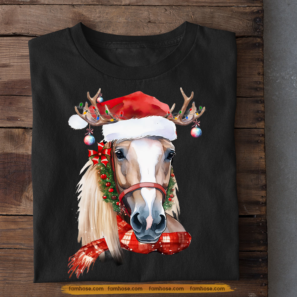 Horse Christmas T-shirt, Horse With Reindeer And Noel Hat On Head, Gift For Horse Lovers, Horse Riders, Equestrians