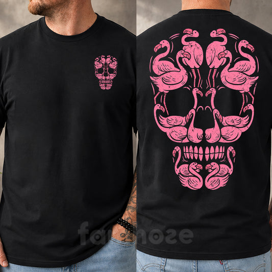 Pink Flamingo Breast Cancer Awareness Two-sided T-shirt, Flamingo Skull Pink Ribbon Tees Gift For Flamingo Lover