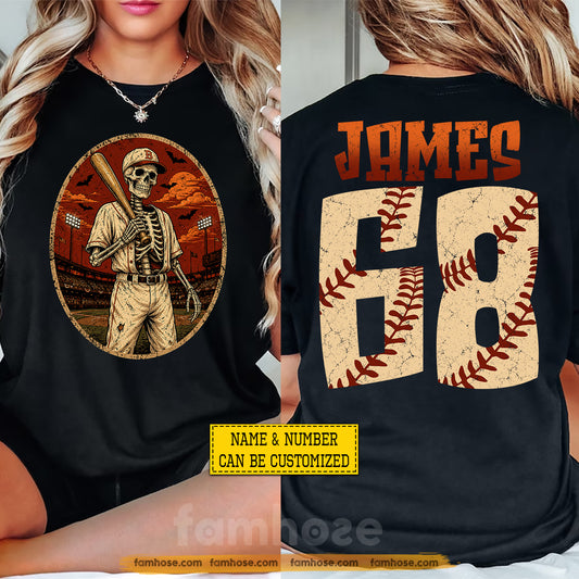 Personalized Halloween Baseball Skeleton Two-sided T-shirt, Baseball Never Dies Tees Spooky Season Gift For Baseball Lover