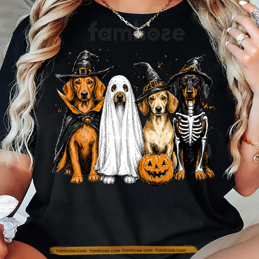 Halloween Dachshund Dog T-Shirt, Cute Ghost Witch Skeleton Wiener Dog Tees Spooky Season Gift For Dog Lover