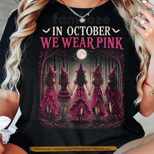 Pink Halloween & Breast Cancer Awareness T-shirt, In October We Wear Pink Ribbon Tees Spooky Season Gift For Witch Lover