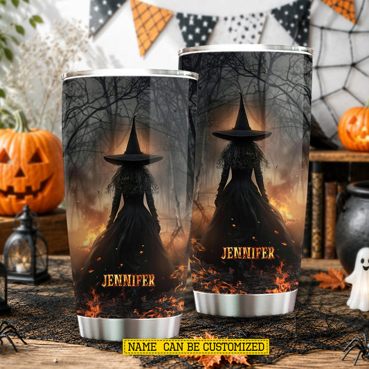Personalized Halloween Witch Tumbler, She Walks Through Fire, Spooky Season Stainless Steel Tumbler, Travel Mug Tumblers Gift For Witch Lover