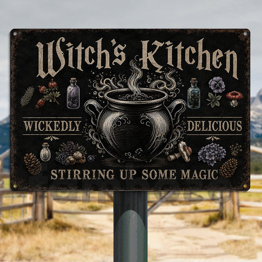 Halloween Witch’s Kitchen Metal Sign, Stirring Up Some Magic Yard Sign, Spooky Season Field Decor Gift For Witch Lover