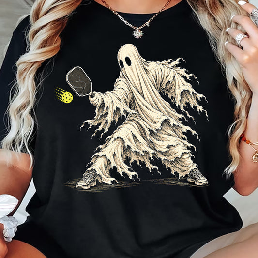 Halloween Pickleball Ghost T-shirt, Serving Up Scares Sport Tees, Spooky Season Gift For Pickleball Lovers