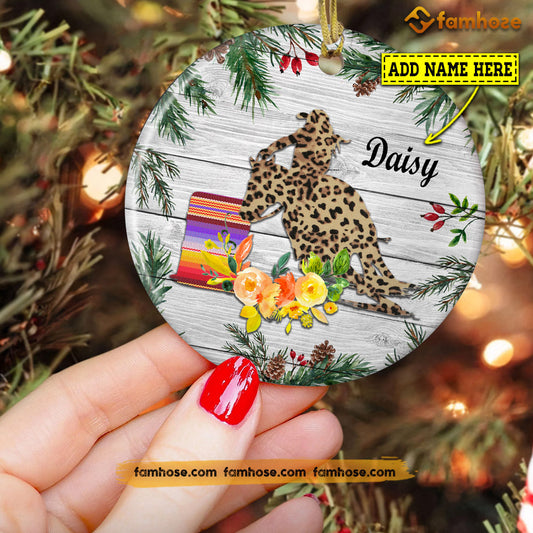 Christmas Barrel Racing Ornament, Barrel Racer Girl Leopard Circle Flower Gift For Barrel Racing Lovers, Personalized Custom Circle Ceramic Ornament