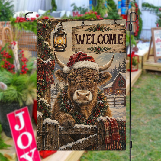Welcome Christmas Highland Cow Farm Garden & House Flag, Have Yourself A Moo-y Little Christmas Yard Flag, Vintage Xmas Gift For Cow Lover