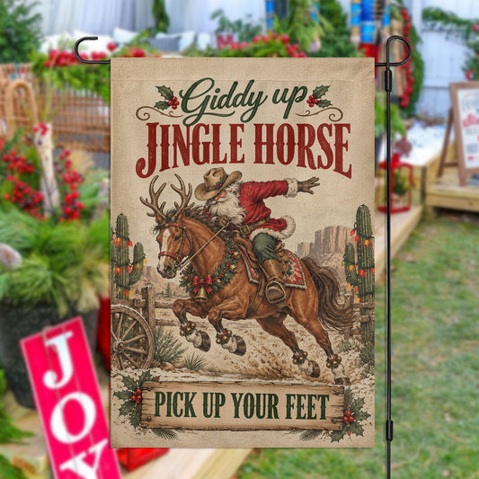 Vintage Christmas Cowboy Santa Claus Garden & House Flag, Giddy Up Jingle Horse Yard Flag, Xmas Gift For Horse Lover