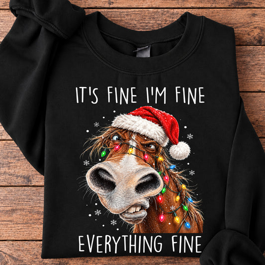 Funny Christmas Horse Sweatshirt, It's Fine I'm Fine Everything Fine Crewneck Sweatshirt Xmas Gift For Horse Lover